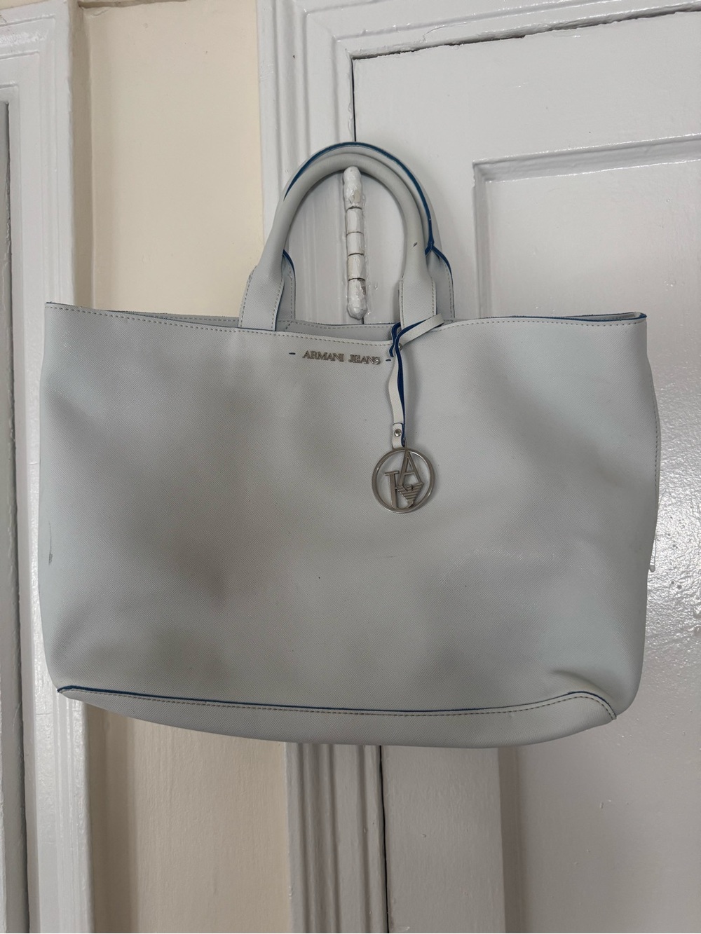 Armani Jeans Light Gray Tote Bag with Logo Charm